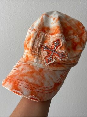 Orange Tie-Dye Distressed Cap with Rhinestone Cross